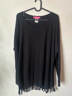 Lilly Pulitzer Ramona Fringe Sweater Onyx Black Goldtone Buttons Size XL *flaw